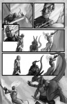 2013 armor comic dragon female greyscale hattonslayden hi_res horn human humor knight lay_the_dragon male male/female mammal melee_weapon meme monochrome mythological_creature mythological_scalie mythology restrained scalie sword tail unfinished warrior weapon