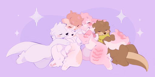 ambiguous_gender beak blush chibi eyes_closed feral fur group group_hug hair holding_tail hug hugging_another hugging_object hugging_plushie multicolored_body multicolored_fur pawpads paws pink_pawpads plushie scarf short_hair sleeping smile tail yellow_scarf shiones dasyurid dasyuromorph mammal marsupial mustelid otter tasmanian_devil teacup_gryphon colored digital_drawing_(artwork) digital_media_(artwork) hi_res shaded simple_shading