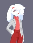 accessory clothing coat female grey_clothing grey_coat grey_topwear hair_accessory hairband looking_at_viewer pink_eyes solo standing sweater topwear turtleneck uglycoal a_whole_wolfrush bunny_(a_whole_wolfrush) lagomorph leporid mammal rabbit digital_media_(artwork)