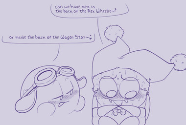 ambiguous_gender biped blush blush_lines blushing_profusely bodily_fluids bow_tie clothing dialogue duo eyewear eyewear_on_head fangs feet fool's_hat fur goggles goggles_on_head hat headgear headwear looking_at_another looking_at_partner narrowed_eyes nervous nervous_smile nervous_sweat requesting sex_request speech_bubble sweat sweatdrop talking_to_another talking_to_partner talons teeth text toes wearing_hat wings ariarik_o0 kirby_(series) kirby_air_riders nintendo kirby marx_(kirby) waddling_head 2025 digital_drawing_(artwork) digital_media_(artwork) english_description english_text greyscale monochrome