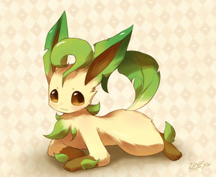 ambiguous_gender brown_body brown_eyes brown_fur feral fur green_body green_fur nude pattern_background paws plant simple_background solo zinfyu nintendo pokemon eeveelution elemental_creature flora_fauna generation_4_pokemon leafeon pokemon_(species) 2015 digital_media_(artwork) hi_res shaded