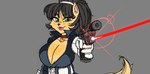 anthro big_breasts breasts cleavage clothed clothing collar_tag female gun handgun laser_sight looking_at_viewer pistol pointing_gun_at_viewer ranged_weapon solo weapon seanmalikdesigns nickelodeon t.u.f.f._puppy kitty_katswell domestic_cat felid feline felis mammal colored half-length_portrait hi_res portrait