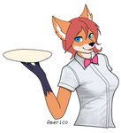americofoxy anthro blouse blue_eyes bow_tie canid canine clothing female fox gloves_(marking) hair half-length_portrait hi_res holding_object kaare mammal markings plate portrait red_hair simple_background solo topwear uniform waiter white_background
