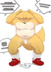 anthro balls blue_eyes blush bodily_fluids breath clothing clothing_aside embarrassed footwear footwear_worship forced fur genital_fluids genitals hands_behind_head male moobs navel nipples overweight overweight_male penis precum raised_arms socks solo tears teeth text underwear underwear_aside yellow_body yellow_fur box3693 canid canine canis domestic_dog mammal hi_res korean_text translation_request