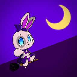 broom bulge cape chibi cleaning_tool clothed clothing collar crossdressing femboy harness hat headgear headwear magic_user male occult_symbol pentagram pentagram_harness skimpy solo symbol witch witch_costume witch_hat witch_bun lagomorph leporid mammal rabbit 1:1 hi_res