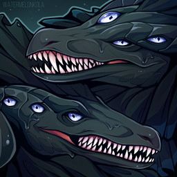 ambiguous_form ambiguous_gender blue_eyes duo fangs frill_(anatomy) grey_body head_crest head_frill looking_at_viewer multi_eye open_mouth sharp_teeth simple_background teeth text kolaa flight_rising mythology aberration_dragon dragon mythological_creature mythological_scalie scalie 1:1 artist_name hi_res