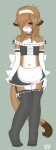 anthro blush brown_eyes brown_hair clothed clothing crossdressing femboy gloves hair handwear legwear maid_uniform male midriff navel navel_piercing piercing skimpy solo stockings tail tongue tongue_out uniform derigrowl hi_res