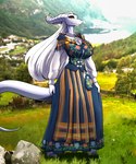 big_breasts breasts bunad clothed clothing dress female fully_clothed grass hair jewelry landscape looking_at_viewer outside photo_background plant scenery silver_skin solo tail white_hair yellow_eyes feretta mythology mis'alia draako dragon mythological_creature mythological_scalie scalie silver_dragon digital_media_(artwork) hi_res photography_(artwork) shaded