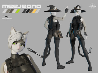 anthro black_clothing black_gloves black_handwear book boots breasts butt clothed clothing fingerless_gloves footwear fur gloves green_eyes grey_body grey_fur hair handwear harness multicolored_body multicolored_fur pockets rear_view shoes standing text topwear vest white_body white_fur white_hair arpesus arpesus_(modeler) meejeong domestic_cat felid feline felis mammal 2026 3d_(artwork) 4:3 digital_media_(artwork) english_text full-length_portrait hi_res model_sheet portrait widescreen