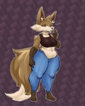 abstract_background anthro belly belly_overhang biped bra breasts brown_body brown_fur clothed clothing countershade_face countershade_torso countershading crop_top denim denim_clothing dipstick_tail ear_tuft ellipsis eyelashes eyes_closed eyeshadow female fluffy fluffy_tail fur gloves_(marking) makeup markings medium_breasts midriff pointy_ears prick_ears shirt slightly_chubby slightly_chubby_anthro slightly_chubby_female solo sports_bra tail tail_markings thick_thighs topwear tuft underwear wide_hips starreuges trisha_fox_(zzx) canid canine fox mammal 2021 digital_drawing_(artwork) digital_media_(artwork) full-length_portrait portrait