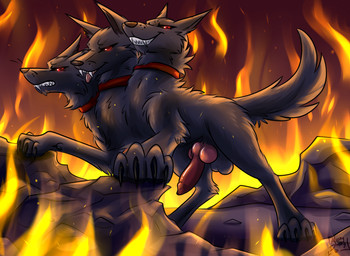 3_heads anatomically_correct anatomically_correct_genitalia anatomically_correct_penis animal_genitalia animal_penis balls black_body black_fur canine_genitalia canine_penis claws collar erection feral fire fur genitals grin hell knot male multi_head penis pose red_eyes rock smile solo muskydusky european_mythology greek_mythology mythology canid canid_demon canine cerberus demon hellhound mammal mythological_canine mythological_creature hi_res pinup