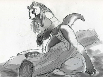 anthro armlet barefoot beads biped bottomwear clothing crotch_apron feet female log loincloth looking_at_viewer nipple_outline simple_background solo straddling tail toony wood rukis rhavvy badger canid canine fox hybrid mammal mustelid musteline 2009 digital_drawing_(artwork) digital_media_(artwork) greyscale monochrome sketch