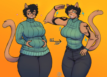 anthro arm_tattoo big_breasts black_hair blush breasts brown_body brown_fur clothing comparison female fur gesture green_eyes hair heart_symbol holding_belly muscular salute short_hair simple_background sleeveless_shirt slightly_chubby smile solo sparkles sweater tattoo thick_thighs topwear turtleneck gulasauce_(artist) mia_helsinki domestic_cat felid feline felis majarean mammal absurd_res hi_res