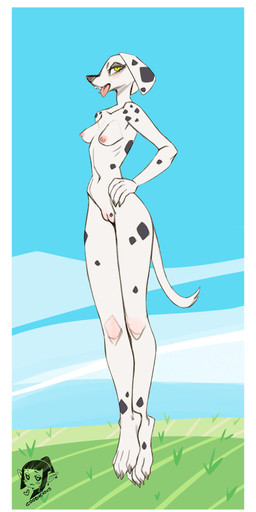 anthro areola biped black_body blush body_blush border breasts cloud day female fingers genitals grass hand_on_hip heart_symbol humanoid_genitalia humanoid_hands humanoid_vulva logo looking_at_viewer markings medium_breasts nipples nude nude_anthro nude_female outside plant pose solo spots spotted_markings standing tail text tongue tongue_out vulva vulva_blush white_body white_border yellow_eyes fathomcube canid canine canis dalmatian domestic_dog mammal 2025 artist_logo artist_name colored full-length_portrait pinup portrait watermark