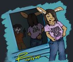 anthro clothed clothing duo hair long_hair male shirt simple_background tail text text_on_clothing text_on_shirt text_on_topwear topwear fundz64 benjamin_(twang) janis_(twang) canid canine lagomorph mammal hi_res