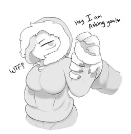 anthro arm_grab big_breasts biped breasts claws cross-popping_vein dialogue disembodied_hand female offscreen_character pupils shocked simple_background slit_pupils text white_background phosenpai pholi lagomorph leporid mammal rabbit 2024 english_text greyscale monochrome