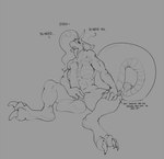 anthro balls breasts dialogue genitals grey_background gynomorph hair horn intersex masturbation nude penile penile_masturbation penis simple_background solo spread_legs spreading tail text freebird11 mythology dragon mythological_creature mythological_scalie scalie 2017 english_text hi_res monochrome