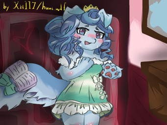 book clothed clothing dress female paws solo hunt_wolf yu-gi-oh! fairy_tail-rella canid canine canis domestic_dog duel_monster mammal 4:3