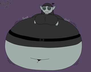air_inflation annoyed belly belly_expansion belt big_belly big_breasts big_butt black_belt black_clothing black_dress black_hair breasts butt clothing creaking creaking_belly deep_navel dress empty_eyes expansion female grey_body grey_ears hair huge_belly huge_breasts huge_butt humanoid_pointy_ears hyper hyper_belly hyper_butt hyper_inflation inflation motion_lines navel not_furry onomatopoeia pointy_ears purple_background simple_background solo sound_effects swelling text three-quarter_view tight_clothing reathe vexa_(reathe) elf ghost humanoid spirit 2026 5:4 colored digital_media_(artwork) flat_colors hi_res signature