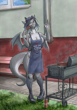 5_fingers anthro apron barbecue biped blue_hair boots breasts clothed clothing detailed_background female fingers footwear grass grey_body grey_scales hair horn membrane_(anatomy) membranous_wings non-mammal_breasts outside partially_clothed plant purple_eyes scales shoes solo white_hair wings ewgengster european_mythology mythology leigh leigh_(j_axer) dragon mythological_creature mythological_scalie scalie western_dragon 2026 absurd_res hi_res traditional_media_(artwork)