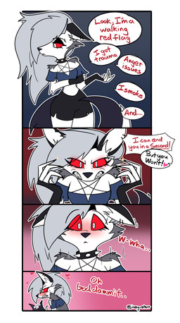 anthro blush claws dialogue duo female flirting offscreen_character sparkles speech_bubble tail tail_motion tailwag talking_to_viewer text tsundere icey_(artist) hellaverse helluva_boss loona_(helluva_boss) absurd_res comic english_text hi_res