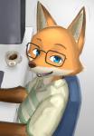 anthro beverage biped blue_eyes chair clothing coffee container cup desk eyewear fur furniture glasses looking_at_viewer male open_mouth orange_body orange_fur shirt sitting smile solo table teeth topwear kalk427 citail vtuber ono_kitsune canid canine fox mammal 2018 hi_res