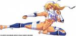 abs action_pose blonde_hair breasts ear_piercing female genitals hair half_clothed midriff muscular muscular_female muscular_humanoid navel not_furry piercing pose pussy red_eyes simple_background solo text agu-fungus xplotter nintendo the_legend_of_zelda sheik_(tloz) humanoid hylian english_text hi_res