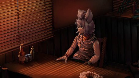 ambiguous_gender anthro big_ears blinds bunalysis chair clock clothing diner femboy fur furniture hair male melancholic purple_eyes restaurant sitting solo sunset sweater table topwear turtleneck vest watch white_body white_fur white_hair wristband pinkcynicism konami silent_hill heather_mason lucky_bun lagomorph leporid mammal rabbit 16:9 hi_res widescreen