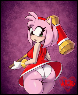 accessory anthro big_butt black_border black_nose border bracelet breasts butt clothed clothing dress eyelashes female fur gloves green_eyes hair hair_accessory hairband hammer handwear head_tuft holding_hammer holding_object holding_tool holding_weapon jewelry looking_back open_mouth panties pink_body pink_fur pink_hair purple_background rear_view red_clothing red_dress short_hair simple_background solo tan_body tan_fur thick_thighs tools tuft underwear upskirt weapon white_clothing white_gloves white_handwear white_panties white_underwear wide_hips autisthicc69 sega sonic_the_hedgehog_(series) amy_rose eulipotyphlan hedgehog mammal hi_res