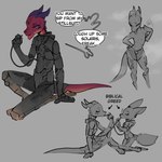 anthro biped blue_eyes bodily_fluids clothed clothing dialogue directional_arrow duo eyes_closed female fur grey_background horn on_ground red_body simple_background speech_bubble standing sweat tail text tongue tongue_out tohaakart dune_(series) canid canine kobold mammal scalie 1:1 english_text hi_res