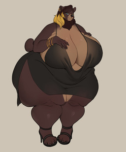 anthro big_breasts big_butt black_clothing black_dress blonde_hair blue_eyes bracelet breasts brown_body brown_fur brown_hair brown_skin butt claws cleavage clothed clothing countershade_breasts countershade_face countershade_legs countershade_torso countershading dress ear_piercing ear_ring eyeliner female footwear fur hair hand_on_breast high_heels huge_breasts huge_butt huge_hips huge_thighs jewelry looking_at_viewer makeup multicolored_hair nails neck_tuft overweight overweight_anthro overweight_female piercing ring_piercing shoes shoulder_length_hair smile solo standing tan_body tan_fur tan_skin thick_thighs tuft two_tone_hair wide_hips dayanara naelah_(nsfowork) bear brown_bear grizzly_bear mammal ursine absurd_res hi_res