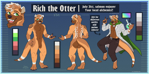 alchemist anthro bottomwear brown_body brown_fur brown_hair cloak clothed clothing featureless_crotch fur green_eyes hair male multicolored_body multicolored_fur multicolored_hair nude open_clothing open_shirt open_topwear pants shirt solo teeth text topwear two_tone_hair white_body white_fur white_hair orionmeles rich_the_otter mammal mustelid otter 2024 2:1 absurd_res english_text hi_res model_sheet signature