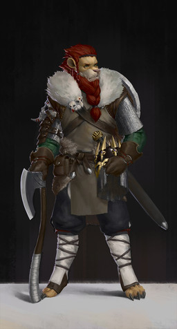 anthro armor axe beard belt belt_pouch bone chainmail claws clothing facial_hair gloves hair handwear headgear helmet male melee_weapon red_beard red_facial_hair red_hair skull solo standing sword tan_body weapon botak felid lion mammal pantherine 2018 hi_res