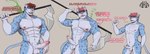 abs anthro balls balls_shrinking biceps dialogue erection feminization foreskin genitals male muscle_loss muscular muscular_male nipples nude pecs penis penis_shrinking shrinking size_transformation solo text transformation weapon ruxvel cheetah felid feline mammal english_text hi_res