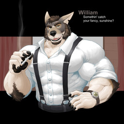 anthro cigarette clothed clothing fingers fur hair male multicolored_body multicolored_fur muscular muscular_anthro muscular_male scar smoking solo text titandraugen echo_(series) echo_project the_smoke_room william_adler canid canine canis coyote mammal 1:1 digital_media_(artwork) english_text hi_res