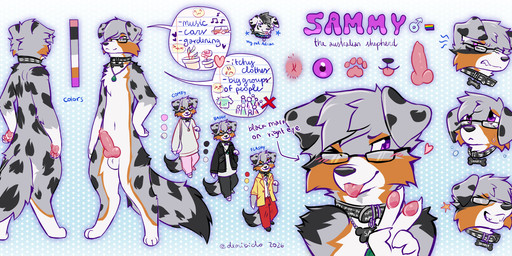 animal_genitalia animal_penis anthro anus balls biped black_spots canine_genitalia canine_penis collar erection eyewear genitals glasses grey_body knot knotted_penis male male_anthro penis pink_penis solo spots standing text demibido australian_shepherd canid canine canis domestic_dog herding_dog mammal pastoral_dog sheepdog absurd_res english_text hi_res model_sheet