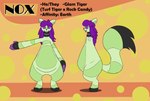 animate_inanimate anthro belly black_tail domestic_cat english_text felid feline felis finalcord green_belly green_body green_ears hair hand_out hi_res inflatable living_inflatable male_(lore) mammal model_sheet nox_(finalcord) purple_hair purple_paws purple_sclera shadow side_view solo tail text