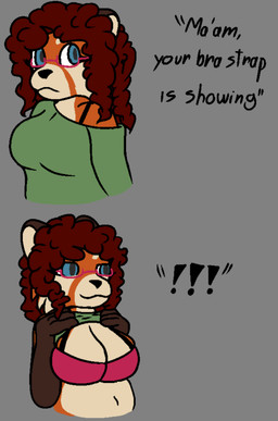 anthro big_breasts blue_eyes breasts clothed clothing exclamation_point eyelashes eyewear female fur glasses grey_background hair navel orange_body orange_fur pink_eyewear pink_glasses red_hair simple_background slightly_chubby smug solo underwear wearing_glasses resin_n._q bra_strap_showing_(meme) ailurid mammal red_panda 2026 hi_res meme