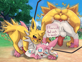 anal anal_orgasm anal_penetration animal_genitalia animal_penis anus backsack balls bodily_fluids butt canine_genitalia canine_penis cum cum_in_ass cum_inside cum_on_ground cum_while_penetrated cumshot duo ejaculation erection feral feral_on_feral feral_penetrated feral_penetrating feral_penetrating_feral fur genital_fluids genitals hands-free knot knotted_penis male male/male male_feral one_eye_closed orgasm penetration penis pink_body pink_fur sex tail tail_anus text white_balls white_body white_fur yellow_balls yellow_body yellow_fur zerokat nintendo pokemon eeveelution generation_1_pokemon generation_6_pokemon jolteon pokemon_(species) sylveon absurd_res hi_res