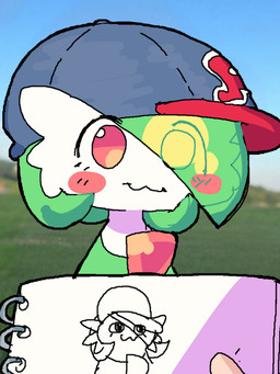 :3 baseball_cap blurred_background blush blush_stickers clothing drawing_in_a_drawing duo female first_person_view hair hair_over_eye hat headgear headwear human_pov humanoid_pointy_ears photo_background pointy_ears pov_hands melfunnysmell nintendo pokemon gaba_(melfunnysmell) gardevoir generation_3_pokemon human humanoid mammal pokemon_(species) hi_res mixed_media photography_(artwork)