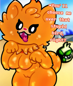 anthro beach breasts female genitals looking_at_viewer nipples orange_body pokemorph solo tail text tongue vulva kitty_doodles angry_birds nintendo pokemon pokemon_winds_and_waves rovio_entertainment sega red_(angry_birds) browt generation_10_pokemon pokemon_(species) pombon 2026 digital_drawing_(artwork) digital_media_(artwork) hi_res