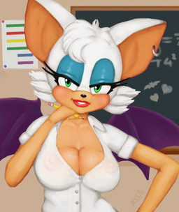 anthro breasts cleavage clothed clothing female green_eyes school school_uniform shirt solo topwear uniform r1ce sega sonic_the_hedgehog_(series) rouge_the_bat bat mammal hi_res