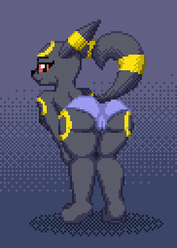 anthro anthrofied black_body black_fur bottomwear breasts butt camel_toe clothed clothing female fur genitals looking_at_viewer panties pokemorph simple_background smile solo standing tail underwear vulva zeka10000 nintendo pokemon eeveelution generation_2_pokemon pokemon_(species) umbreon digital_media_(artwork) low_res pixel_(artwork)