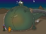 air_puff anthro belly belly_blush belly_expansion big_belly bloated blush body_blush bulging_eyes desert exclamation_point expansion groaning group hand_on_belly horn huge_belly hyper hyper_belly hyper_inflation imminent_popping implied_popping inflation moon night onomatopoeia orange_body purple_body rumbling sand sound_effects text bat_dash mythology sunog_(oc) taliesin chimera dragon mythological_creature mythological_scalie scalie 2021 4:3