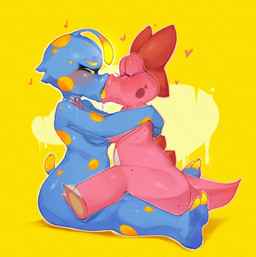 antennae_(anatomy) blue_body bodily_fluids bow_(feature) diamond_(gem) drooling duo eyes_closed female female/female floating_heart french_kissing gem glistening glistening_body glowing glowing_eyes heart_symbol hug hugging_another kissing nude pink_body saliva short_tail simple_background spots tail tongue tongue_out yellow_background yellow_spots onimiere mario_bros nintendo birdo_(character) birdo dinosaur octoomba prehistoric_species reptile scalie absurd_res hi_res