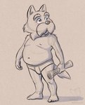 5_fingers 5_toes anthro barefoot belly blue_eyes briefs clothing facial_hair feet fingers male mature_male mostly_nude musclegut muscular mustache navel newspaper nipples small_bulge solo tail toes underwear adriano_berjillos canid canine canis domestic_dog hunting_dog mammal terrier