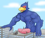 ambiguous_gender anthro blue_body building city erection genitals group humanoid_genitalia humanoid_penis macro male male/ambiguous muscular muscular_male nipples non-mammal_nipples penile penis penis_riding solo_focus trio jrjresq siman-clifton nintendo star_fox falco_lombardi avian bird hi_res