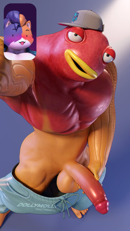anthro balls barazoku biceps big_penis biped black_body black_fur black_hair blush bottomwear bottomwear_down butt camera_view clothed clothing duo erection eyebrows facetime feet fur genitals glans hair half-closed_eyes hat headgear headwear humanoid_genitalia humanoid_penis male male/male muscular muscular_anthro muscular_male narrowed_eyes orange_body orange_fur orange_hair orange_scales pants pants_down partially_clothed pecs penis red_body red_scales scales standing topless white_body white_fur dollymolly323 epic_games fortnite fish_thicc_(fortnite) meowscles purradise_meowscles aquatic calico_cat domestic_cat felid feline felis fish mammal 2023 3d_(artwork) 4k 9:16 absurd_res blender_(artwork) digital_media_(artwork) hi_res