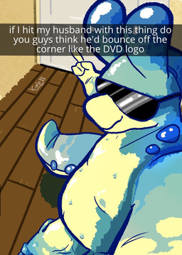 alternate_color anthro belly big_penis biped blue_body caption eyewear flaccid front_view genitals gesture hand_gesture huge_penis humanoid_genitalia humanoid_penis inside male nude penis pointing solo sunglasses tail text yellow_body kirbulon nintendo pokemon snapchat fan_character parmesan_(kirbulon) generation_6_pokemon goodra pokemon_(species) 2025 english_text hi_res