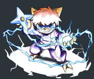 anthro black_nose blue_eyes clenched_teeth electricity eye_mask fur hair holding_object holding_weapon looking_at_viewer male male_anthro orange_hair ranged_weapon short short_anthro short_male shuriken solo tan_body tan_fur teeth weapon young young_anthro young_male manmosu_marimo league_of_legends riot_games tencent kennen_(lol) mammal yordle 2015 digital_media_(artwork)